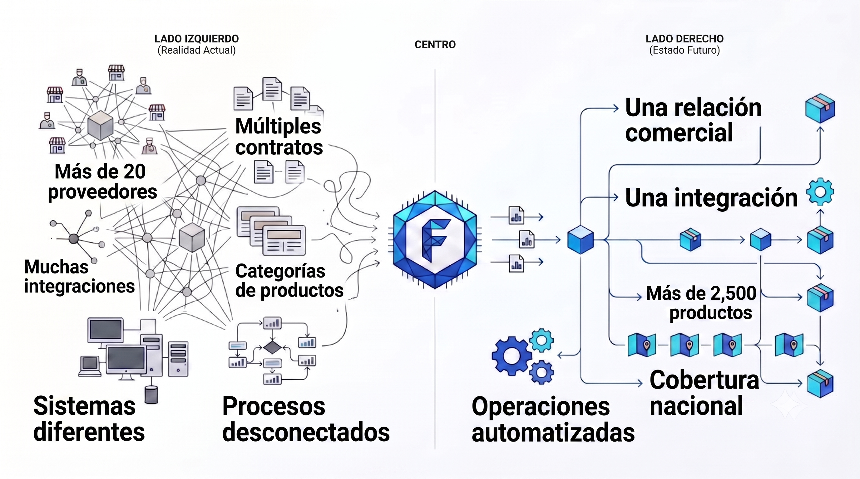 Diagrama comparativo: múltiples proveedores y procesos complejos vs una sola integración con Frutivegie